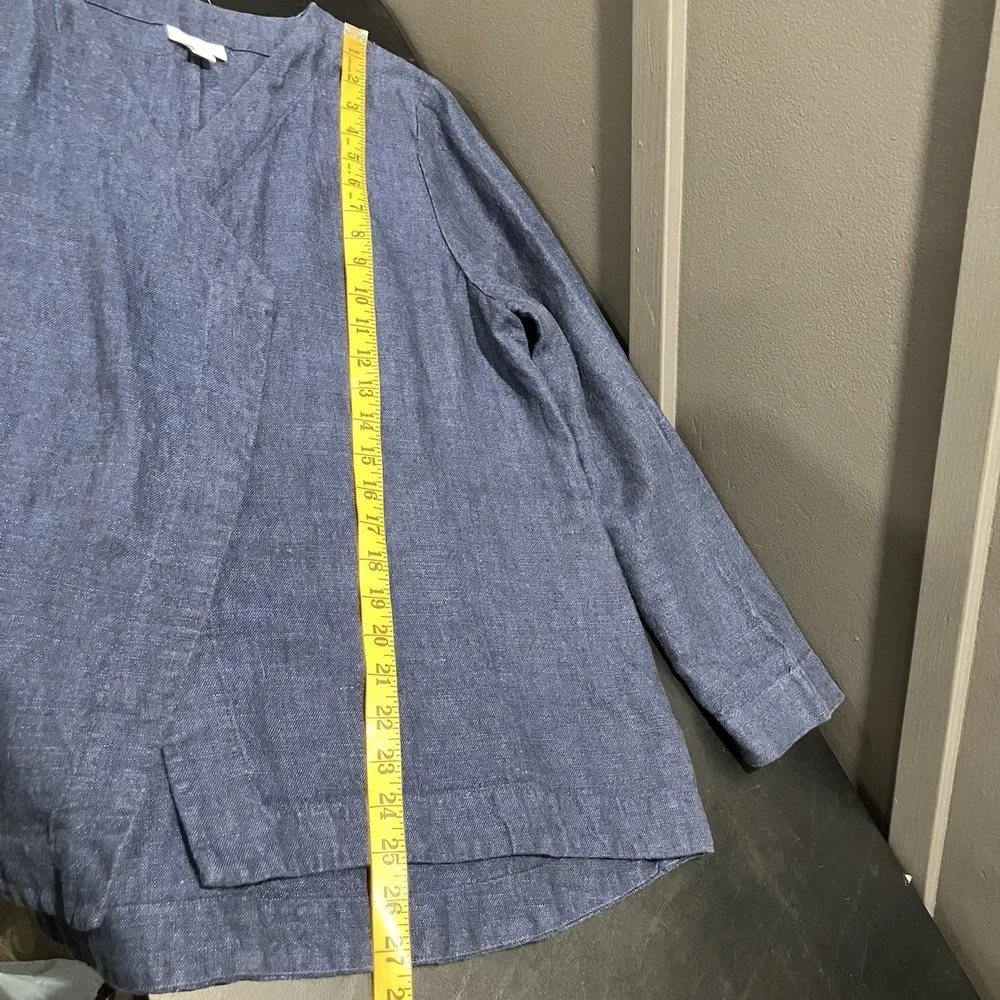 Pure J Jill Linen Jacket Womens Sz MP Blue Open Front Long Sleeve Lightweight